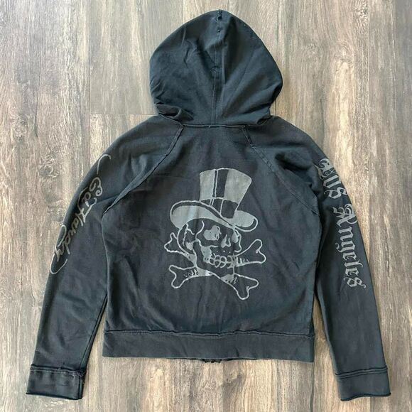 Y2K Ed Hardy Full Zip Hoodie Sweater Black LA Skull Graphic Size Medium Crop Fit - Picture 2 of 8